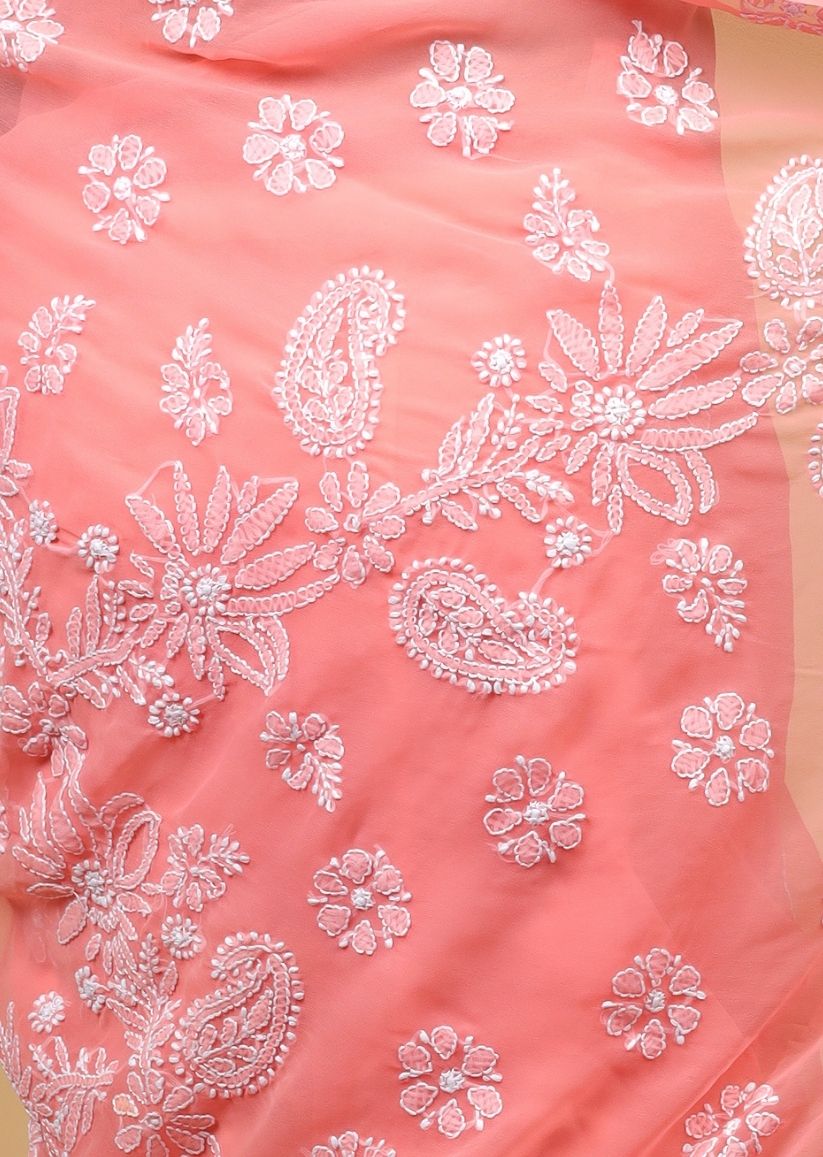 Firgun Salmon Chikankari Georgette Saree with Unstitched Blouse Piece