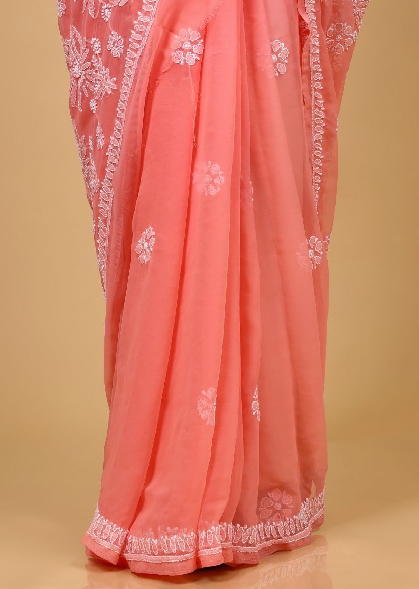 Firgun Salmon Chikankari Georgette Saree with Unstitched Blouse Piece