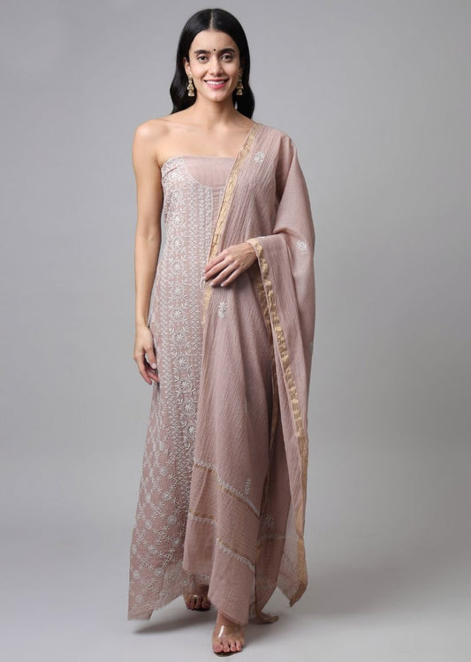 Firgun Mouse Lucknowi Chikankari Maheshwari Cotton Unstitched Kurta & Dupatta Set