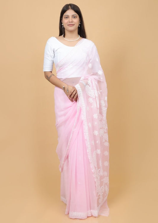 Firgun Blush Pink Lucknowi Chikankari Georgette Saree with Unstitched Blouse Piece