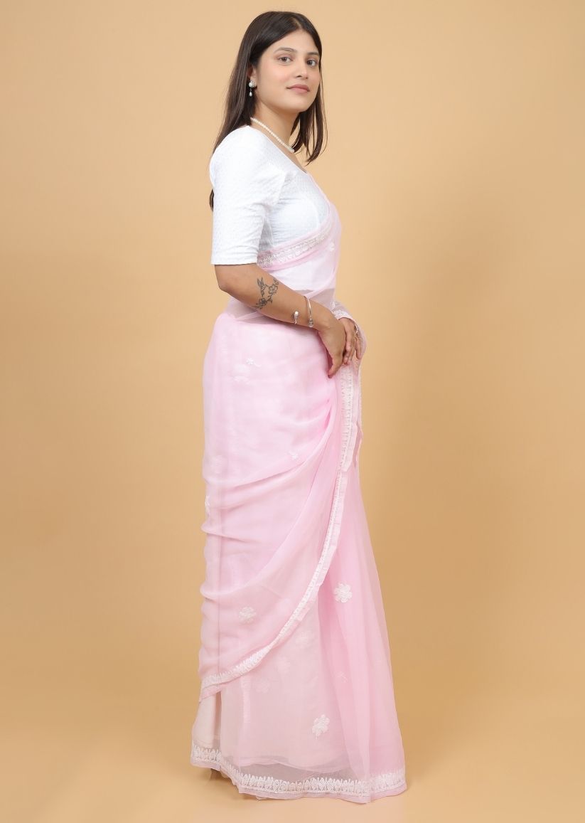 Firgun Blush Pink Lucknowi Chikankari Georgette Saree with Unstitched Blouse Piece