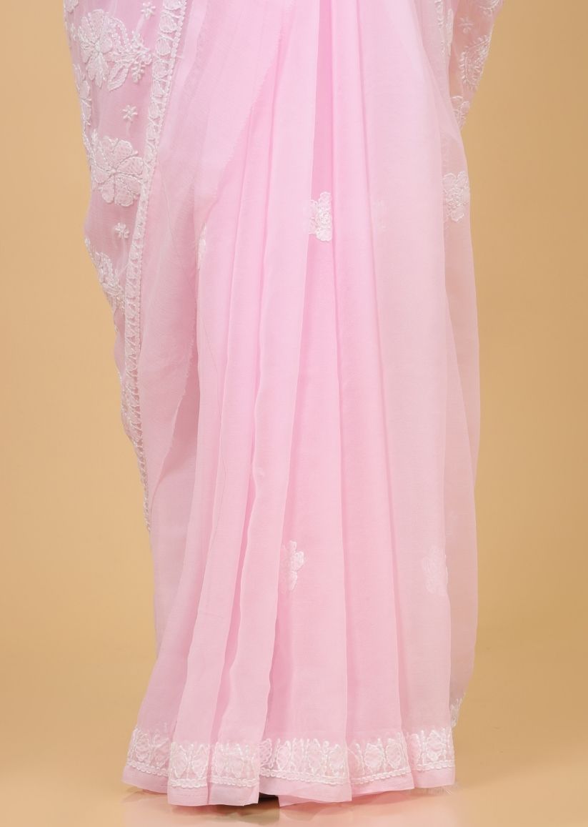 Firgun Blush Pink Lucknowi Chikankari Georgette Saree with Unstitched Blouse Piece