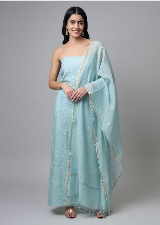 Firgun Mint Green Lucknowi Chikankari Mul Chanderi Unstitched Kurta & Dupatta Set