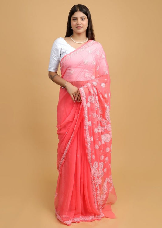 Firgun Coral Pink Chikankari Georgette Saree with Unstitched Blouse Piece