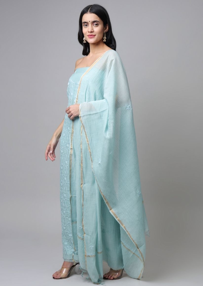 Firgun Mint Green Lucknowi Chikankari Mul Chanderi Unstitched Kurta & Dupatta Set