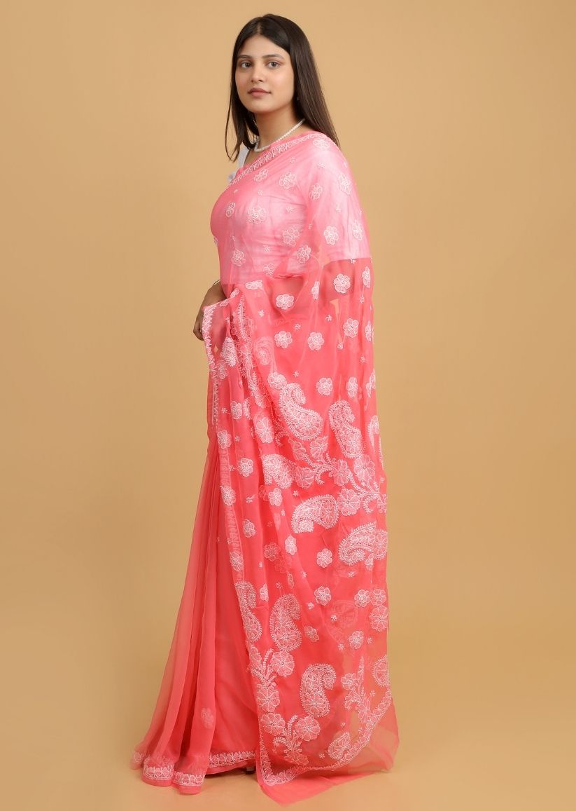 Firgun Coral Pink Chikankari Georgette Saree with Unstitched Blouse Piece