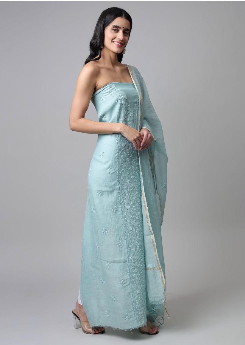 Firgun Mint Green Lucknowi Chikankari Mul Chanderi Unstitched Kurta & Dupatta Set