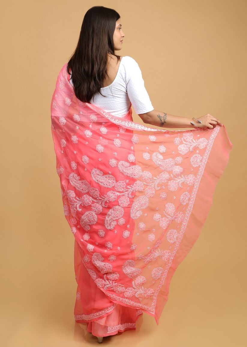 Firgun Coral Pink Chikankari Georgette Saree with Unstitched Blouse Piece