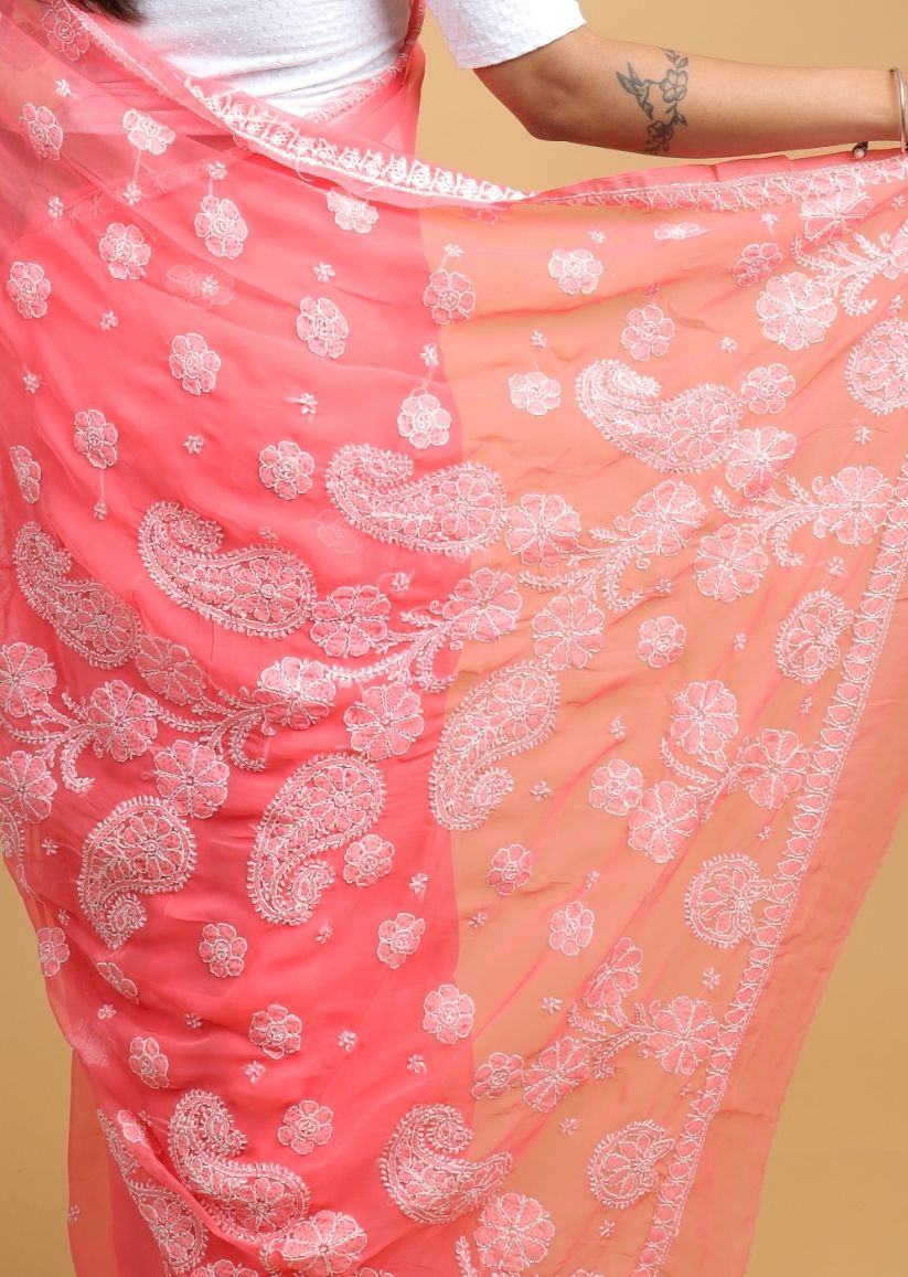 Firgun Coral Pink Chikankari Georgette Saree with Unstitched Blouse Piece