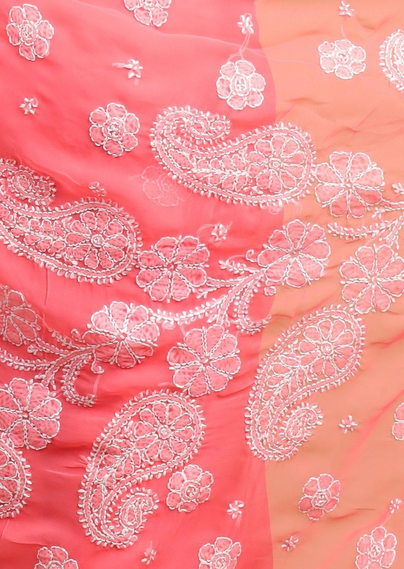 Firgun Coral Pink Chikankari Georgette Saree with Unstitched Blouse Piece