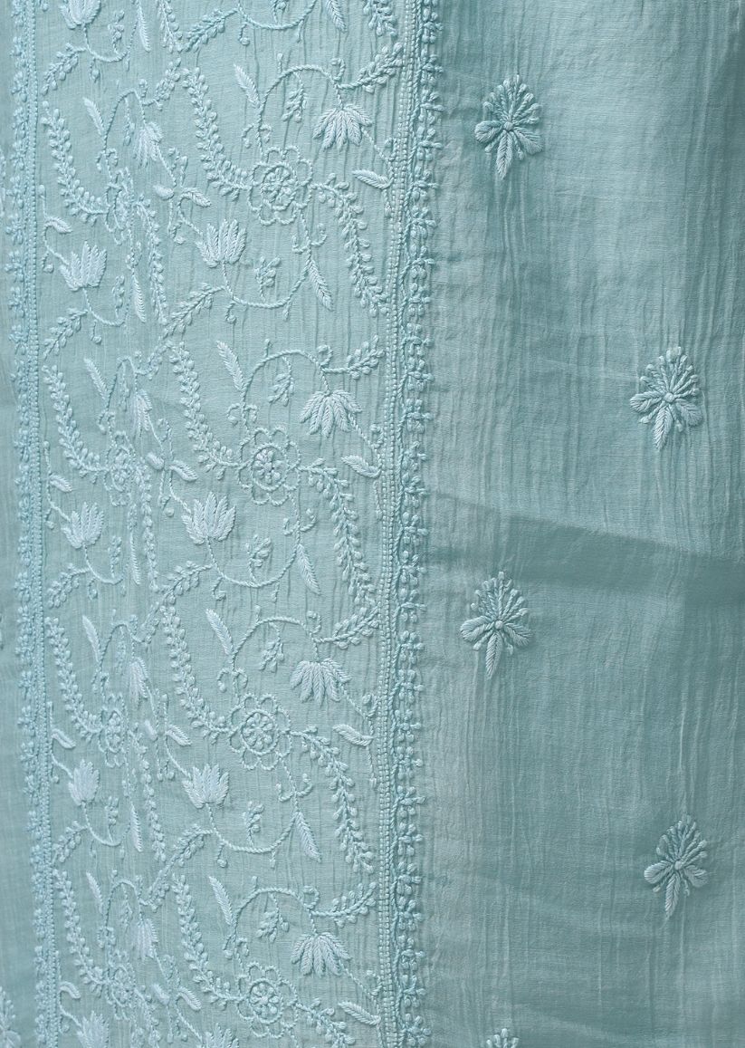 Firgun Mint Green Lucknowi Chikankari Mul Chanderi Unstitched Kurta & Dupatta Set