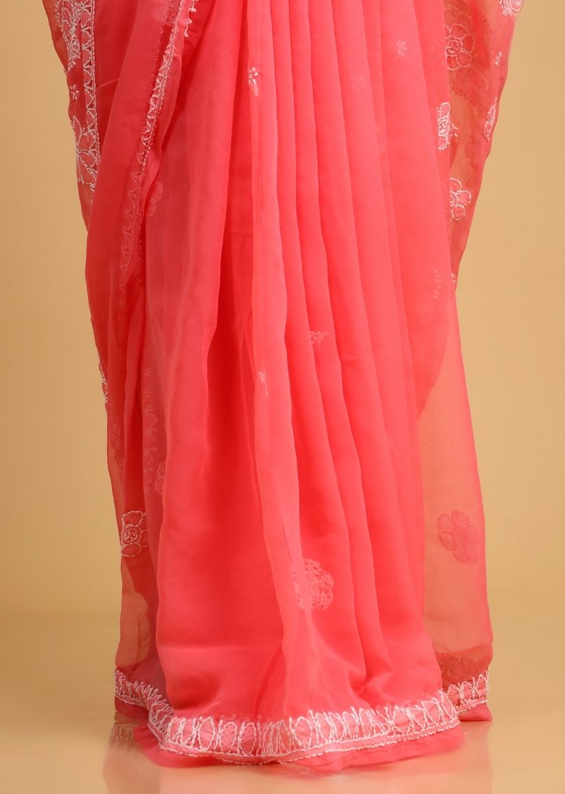 Firgun Coral Pink Chikankari Georgette Saree with Unstitched Blouse Piece