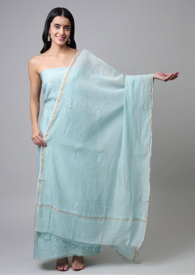 Firgun Mint Green Lucknowi Chikankari Mul Chanderi Unstitched Kurta & Dupatta Set