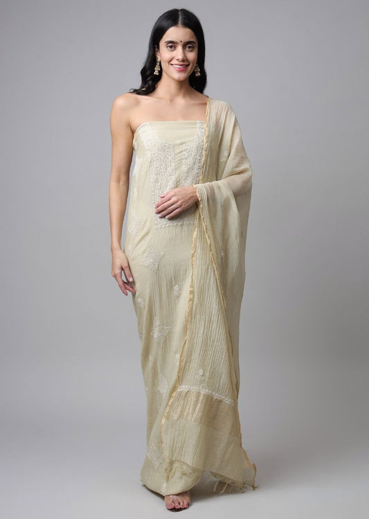 Firgun Mehendi Green Lucknowi Chikankari Mul Cotton Unstitched Kurta & Dupatta Set