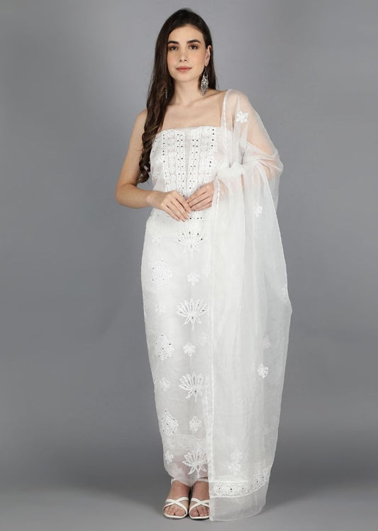 Firgun White Dyeable Lucknowi Chikankari Organza Unstitched Kurta & Dupatta Set