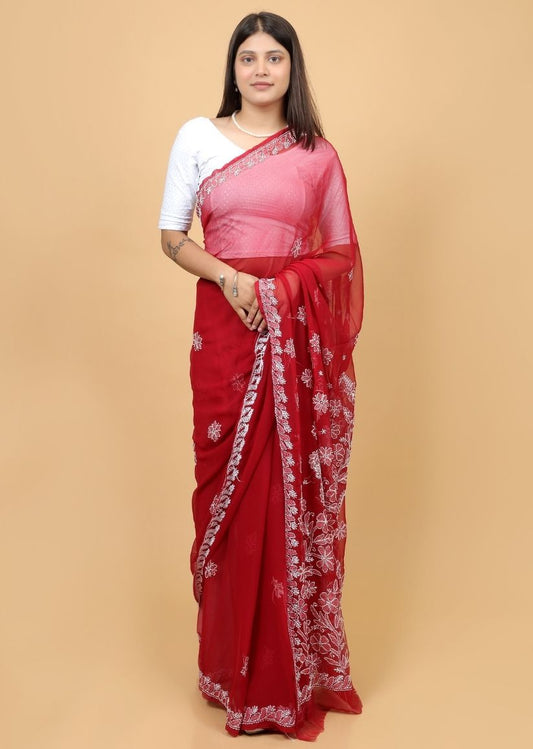 Firgun Red Lucknowi Chikankari Georgette Saree with Unstitched Blouse Piece