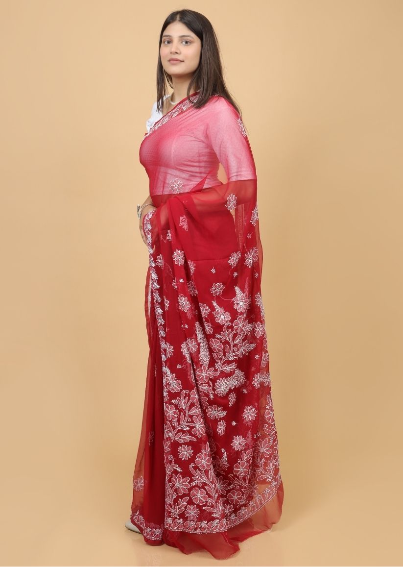 Firgun Red Lucknowi Chikankari Georgette Saree with Unstitched Blouse Piece
