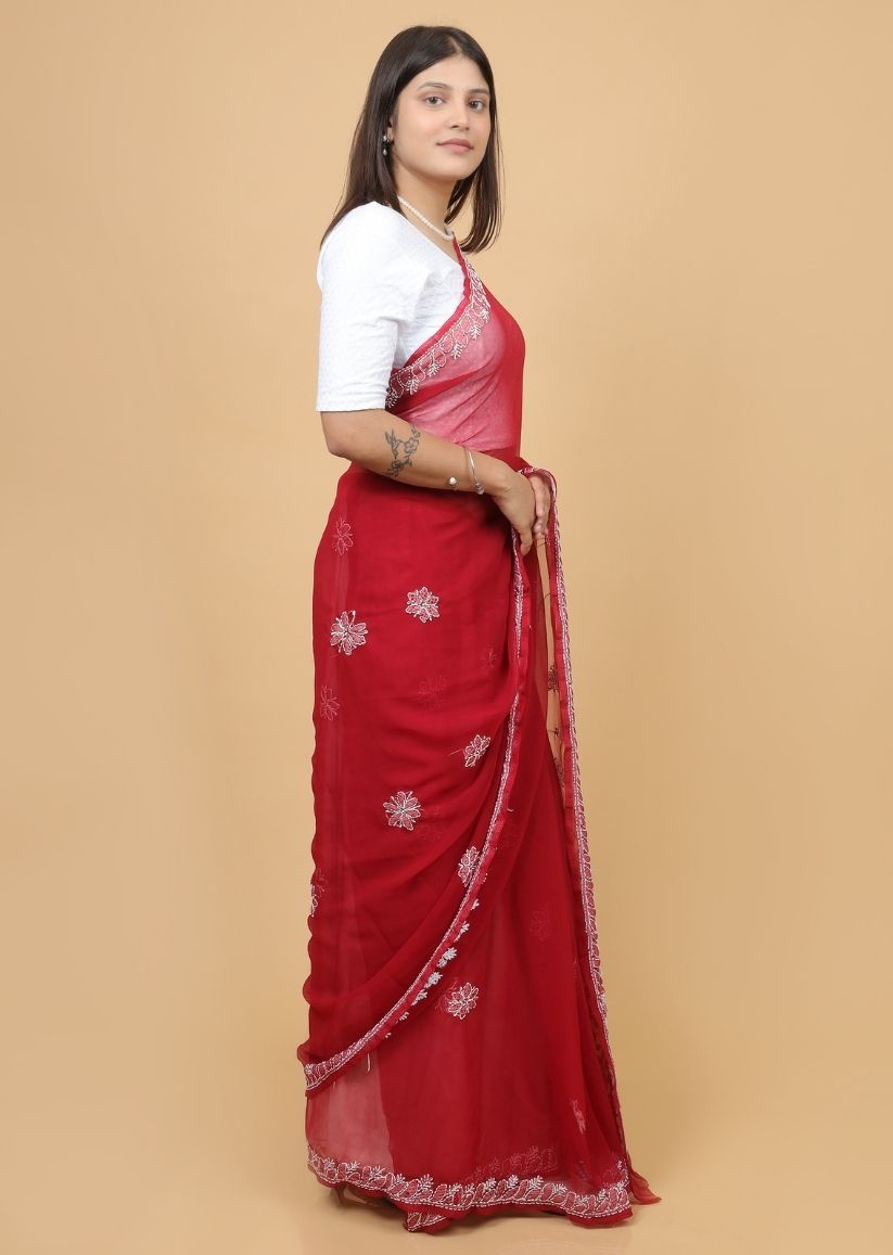 Firgun Red Lucknowi Chikankari Georgette Saree with Unstitched Blouse Piece