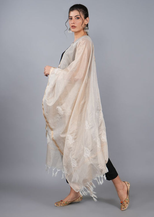 Firgun Gold Tissue Kota Doria Lucknowi Chikankari Dupatta