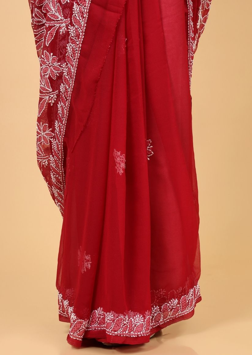 Firgun Red Lucknowi Chikankari Georgette Saree with Unstitched Blouse Piece
