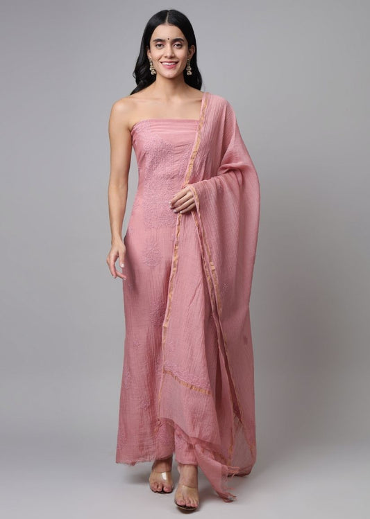 Firgun Rose Gold Lucknowi Chikankari Mul Chanderi Unstitched Kurta & Dupatta Set
