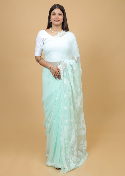 Firgun Mint Green Lucknowi Chikankari Georgette Saree with Unstitched Blouse Piece