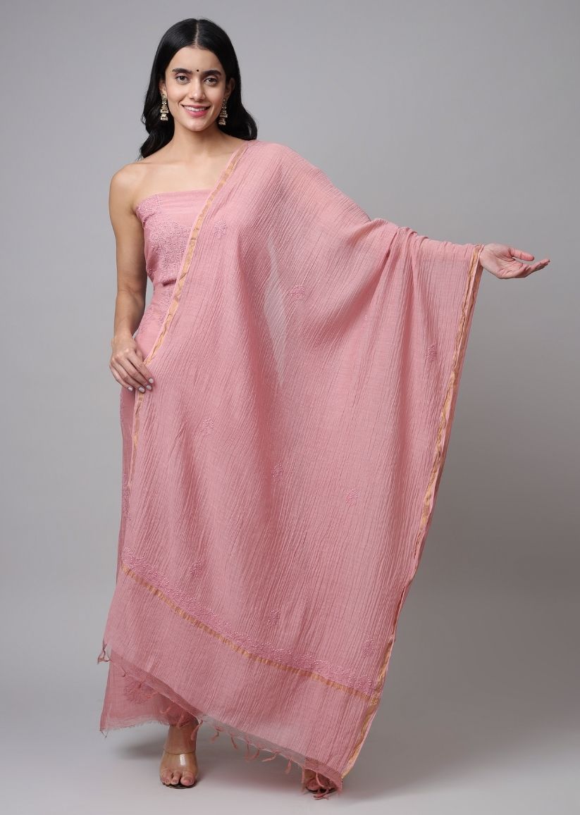 Firgun Rose Gold Lucknowi Chikankari Mul Chanderi Unstitched Kurta & Dupatta Set
