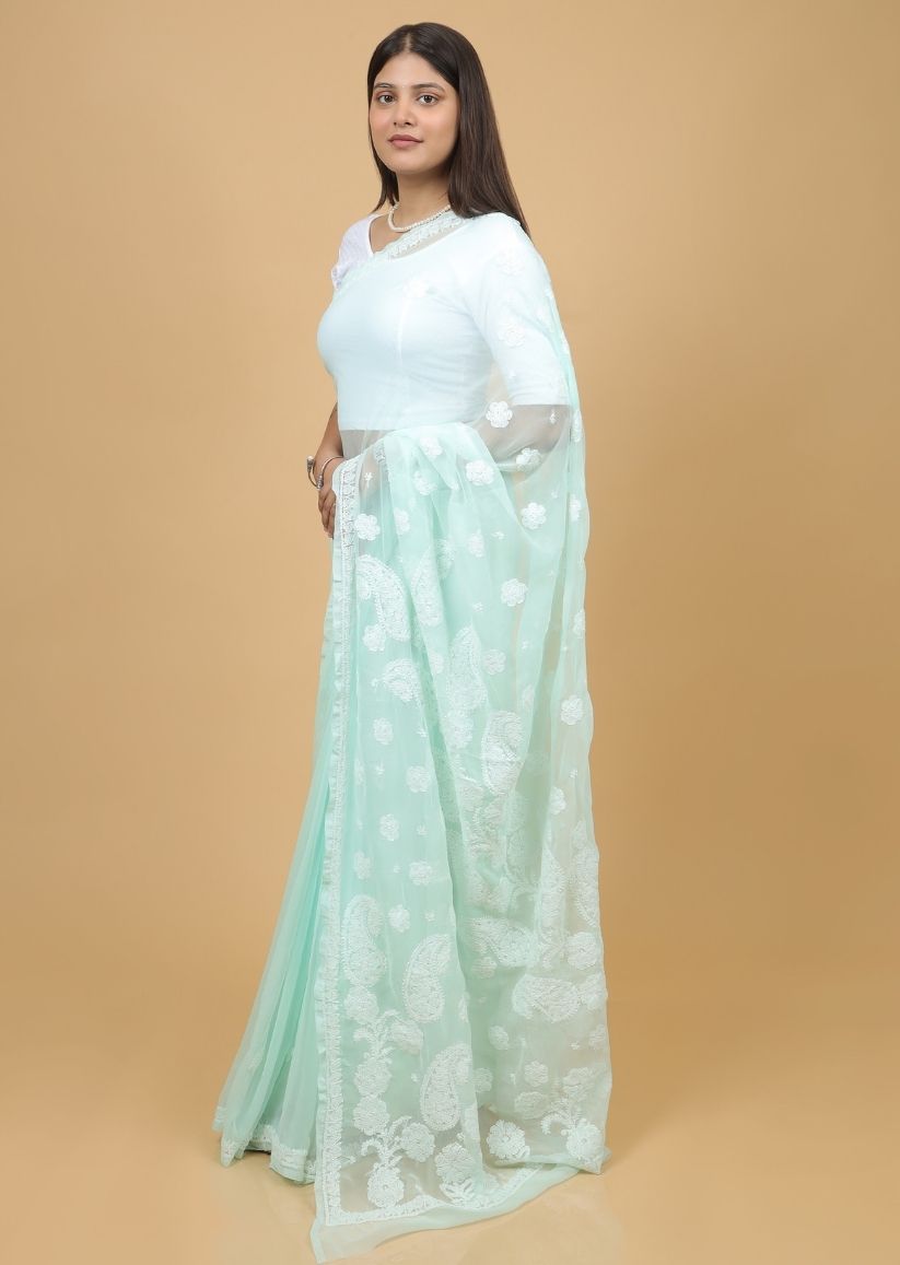 Firgun Mint Green Lucknowi Chikankari Georgette Saree with Unstitched Blouse Piece