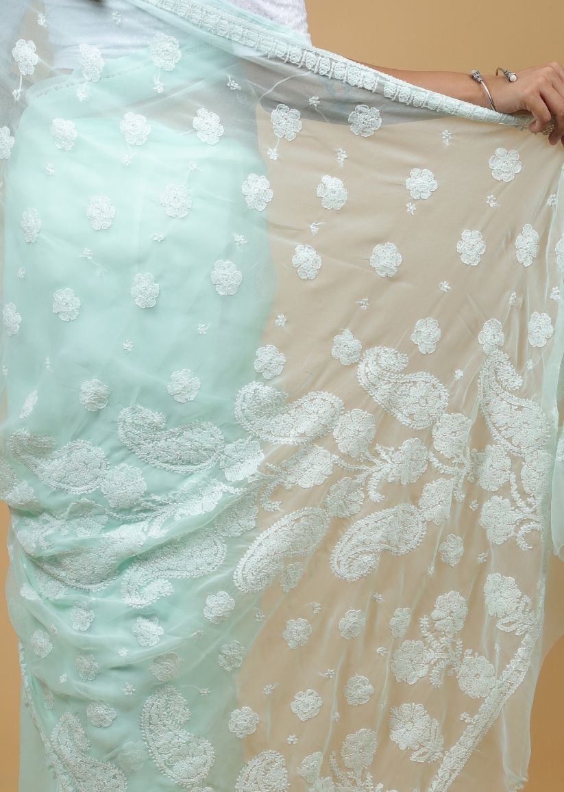 Firgun Mint Green Lucknowi Chikankari Georgette Saree with Unstitched Blouse Piece