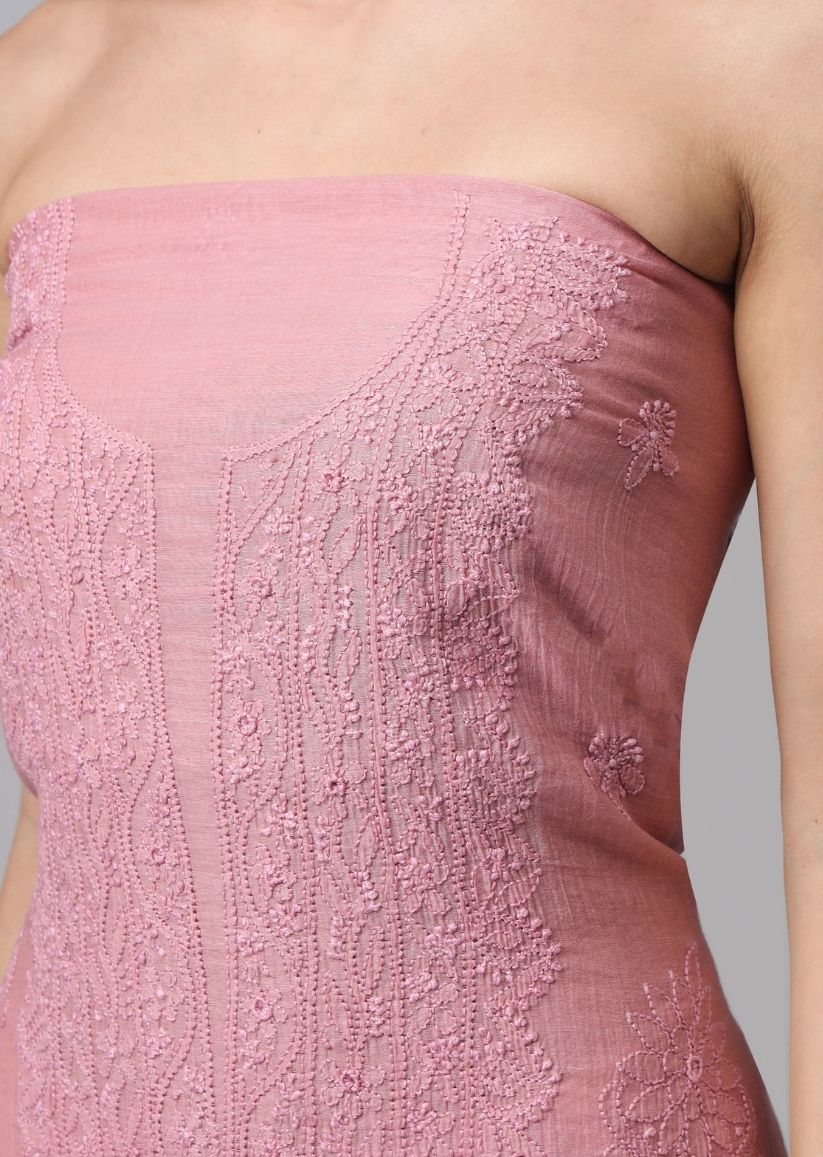 Firgun Rose Gold Lucknowi Chikankari Mul Chanderi Unstitched Kurta & Dupatta Set