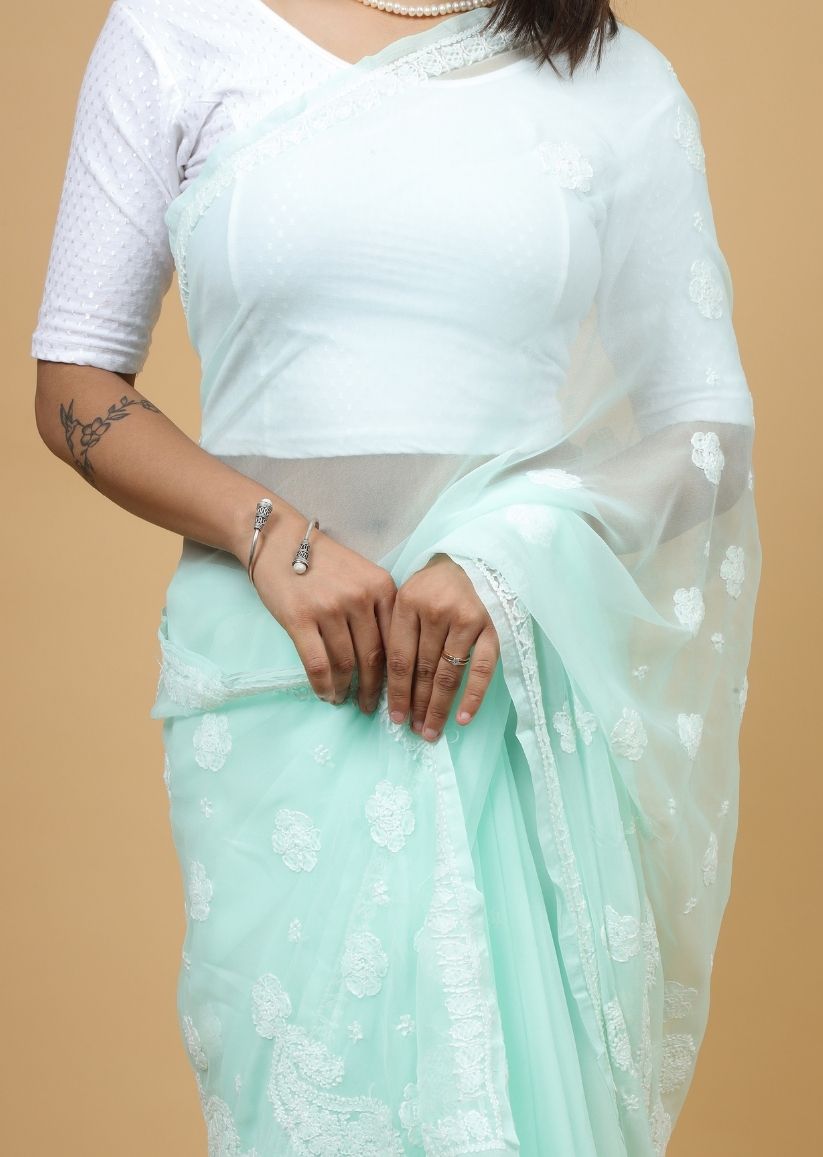 Firgun Mint Green Lucknowi Chikankari Georgette Saree with Unstitched Blouse Piece