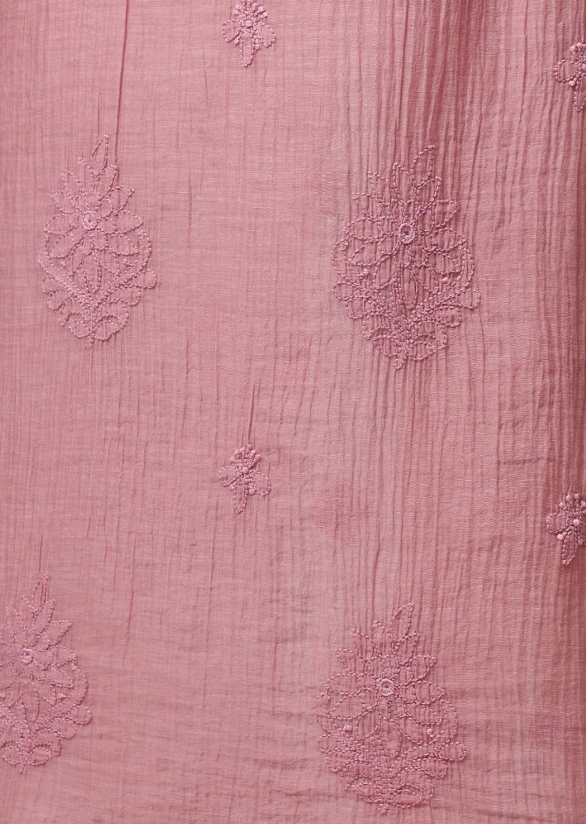 Firgun Rose Gold Lucknowi Chikankari Mul Chanderi Unstitched Kurta & Dupatta Set