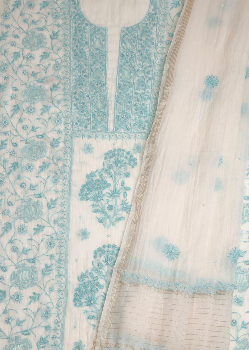 Firgun White & Turquoise Lucknowi Chikankari Mul Chanderi Unstitched Kurta & Dupatta Set