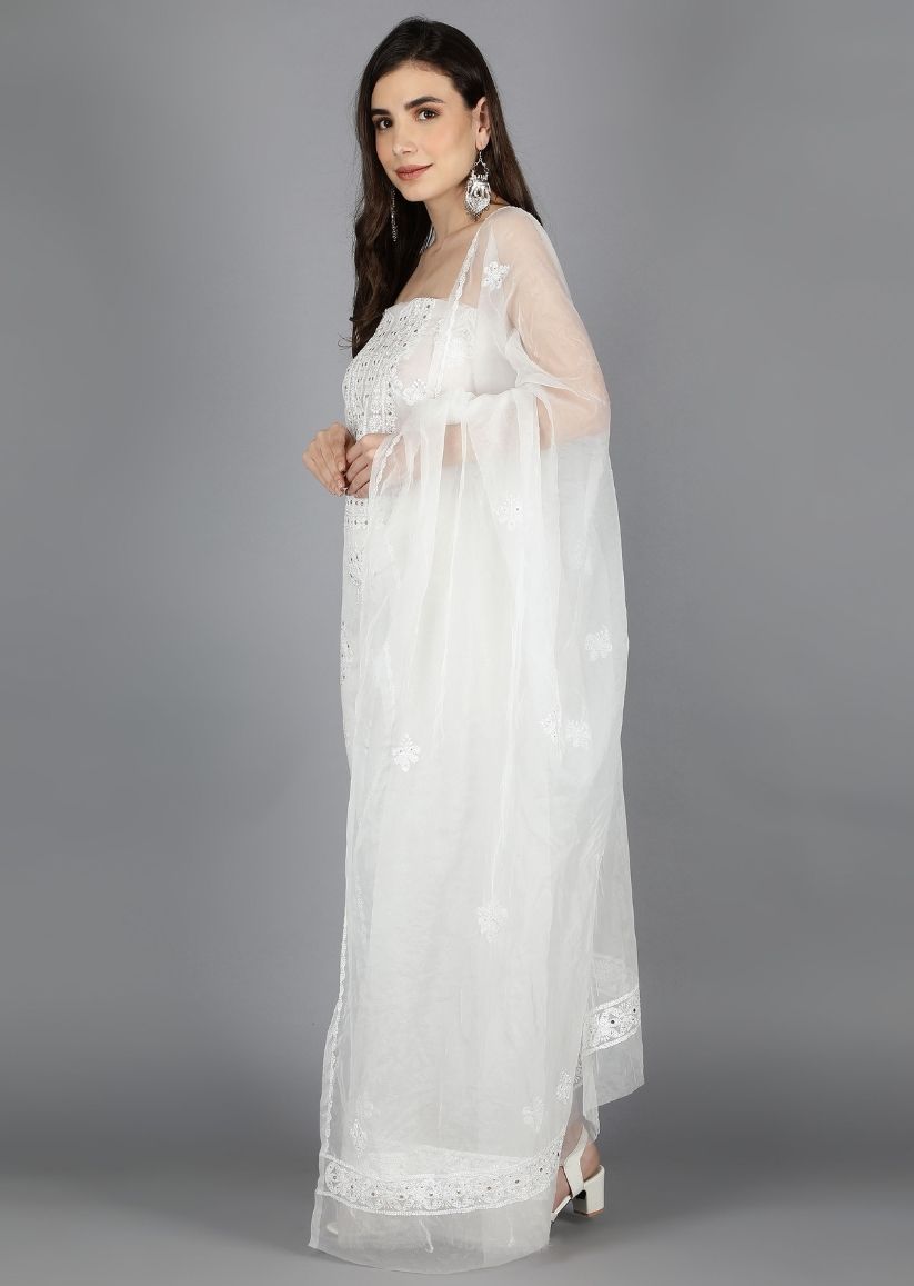 Firgun White Dyeable Lucknowi Chikankari Organza Unstitched Kurta & Dupatta Set