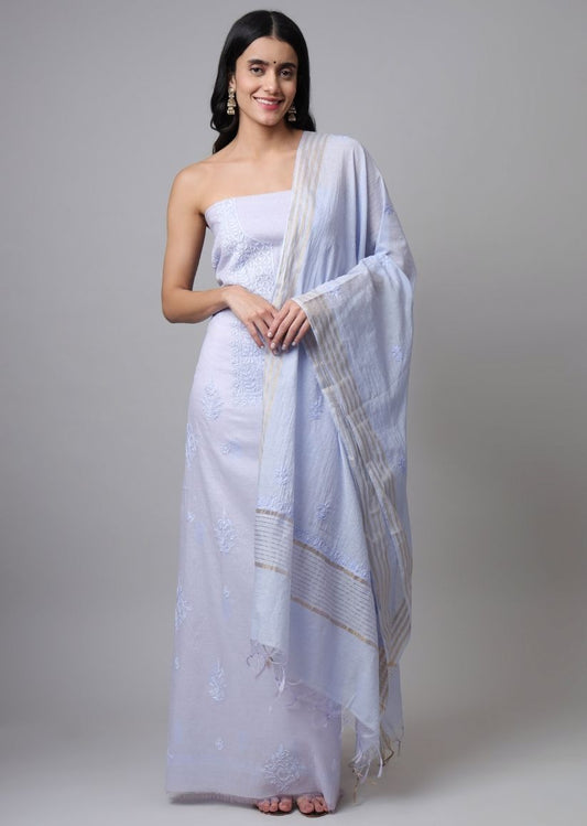 Firgun Powder Blue Lucknowi Chikankari Mul Chanderi Unstitched Kurta & Dupatta Set
