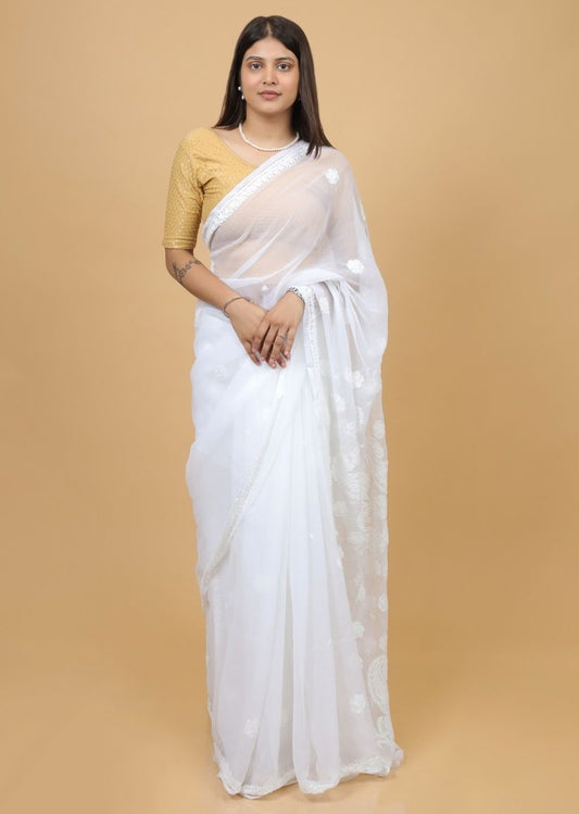 Firgun White Lucknowi Chikankari Georgette Saree with Unstitched Blouse Piece