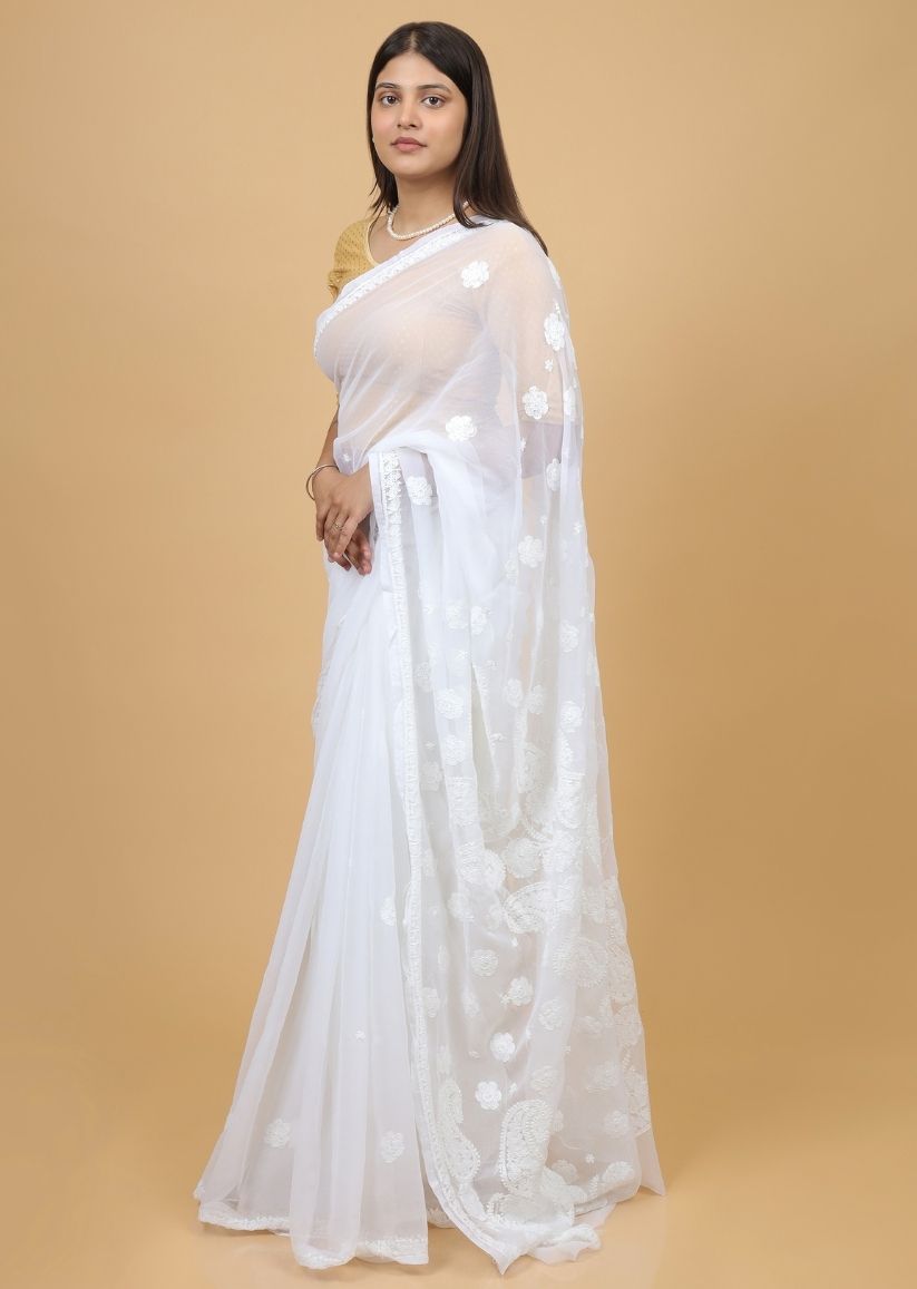 Firgun White Lucknowi Chikankari Georgette Saree with Unstitched Blouse Piece