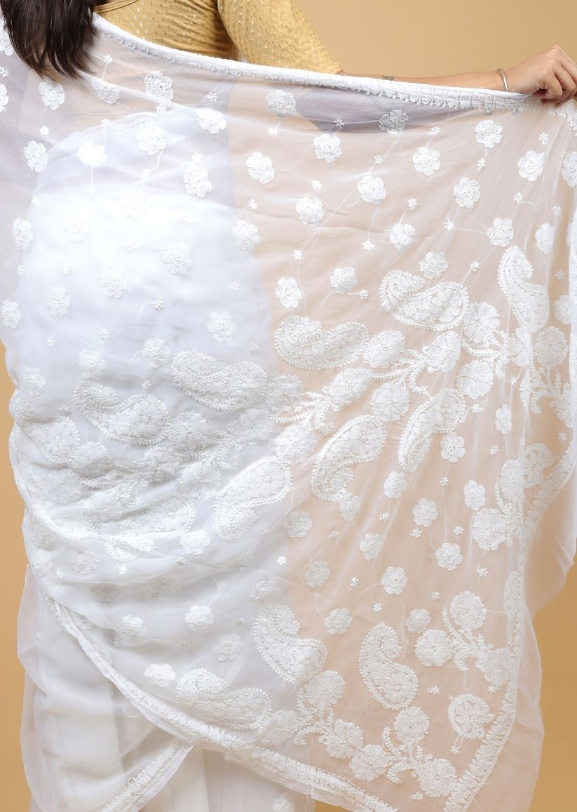 Firgun White Lucknowi Chikankari Georgette Saree with Unstitched Blouse Piece