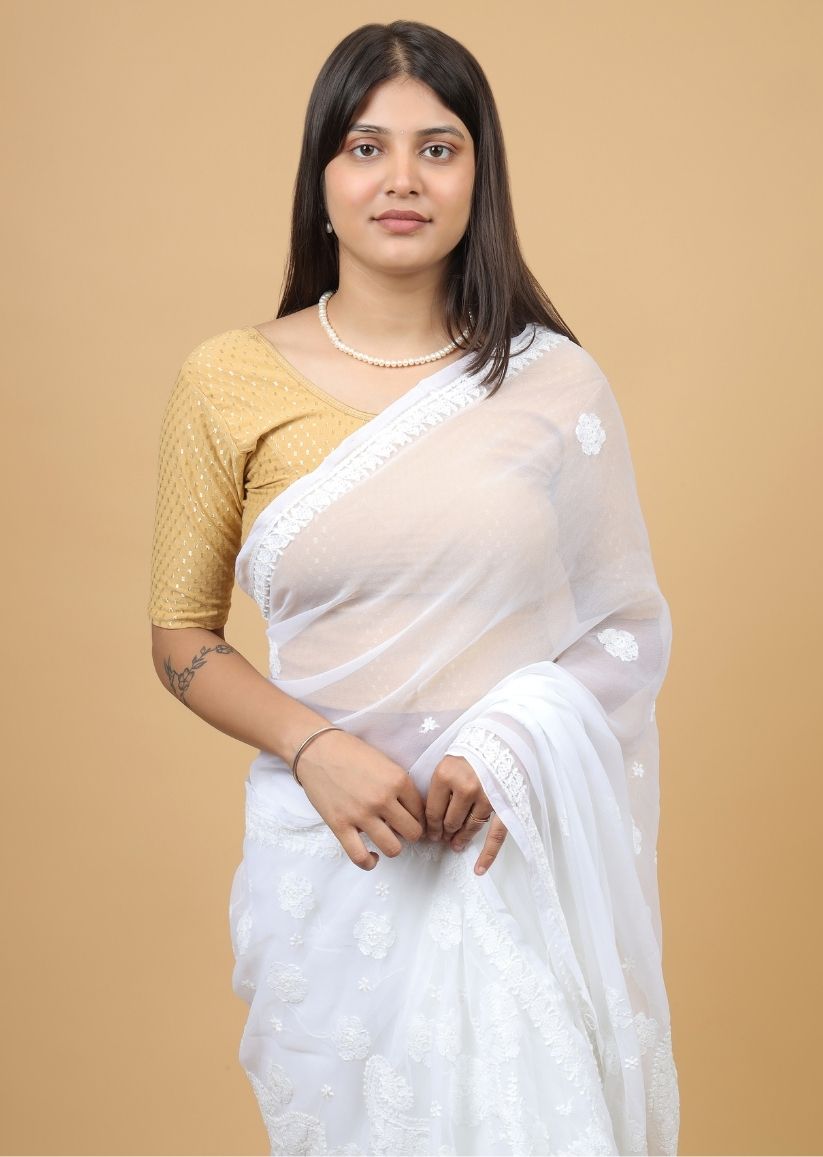 Firgun White Lucknowi Chikankari Georgette Saree with Unstitched Blouse Piece