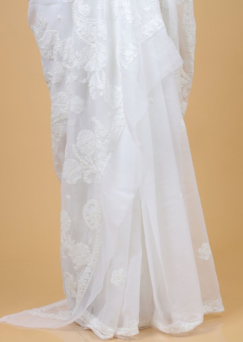 Firgun White Lucknowi Chikankari Georgette Saree with Unstitched Blouse Piece