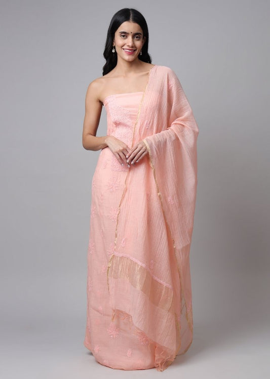 Firgun Peach Lucknowi Chikankari Mul Chanderi Unstitched Kurta & Dupatta Set