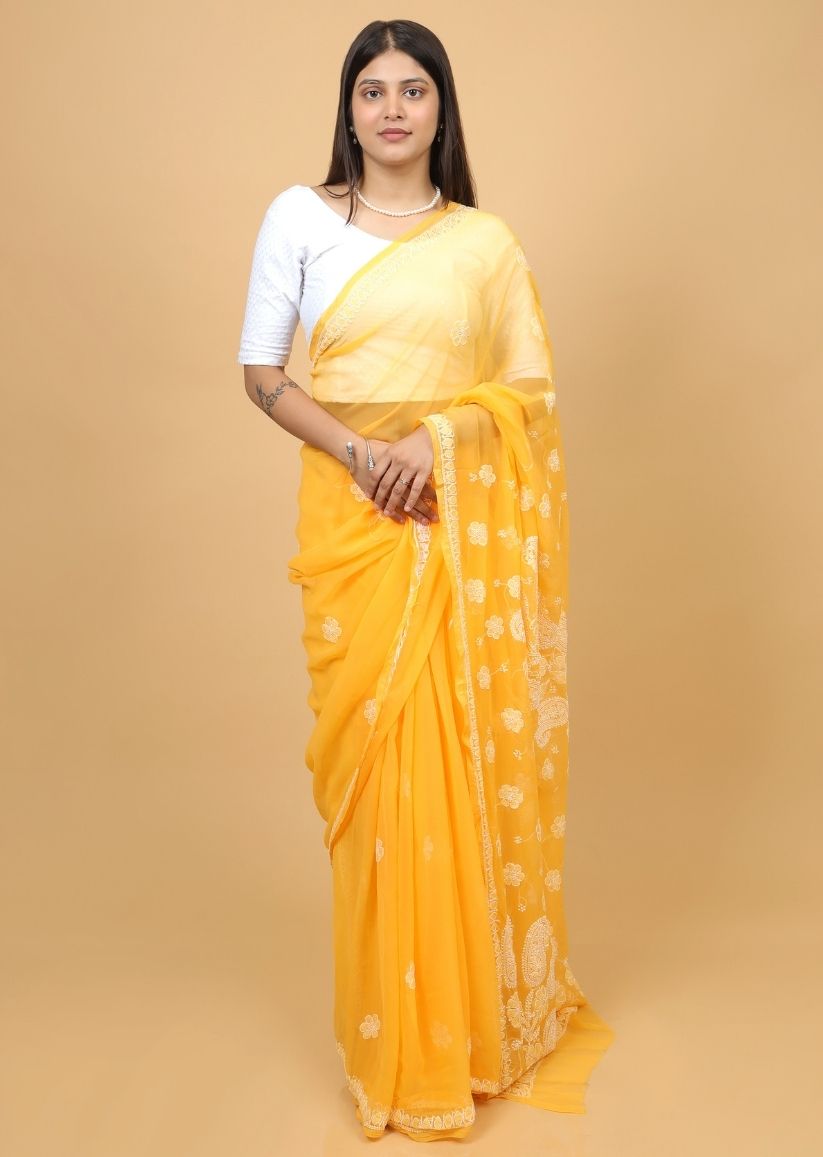 Firgun Amber Yellow Lucknowi Chikankari Georgette Saree