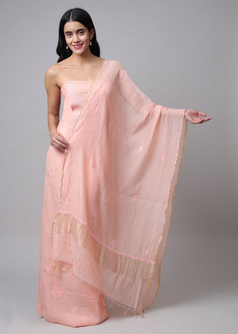 Firgun Peach Lucknowi Chikankari Mul Chanderi Unstitched Kurta & Dupatta Set