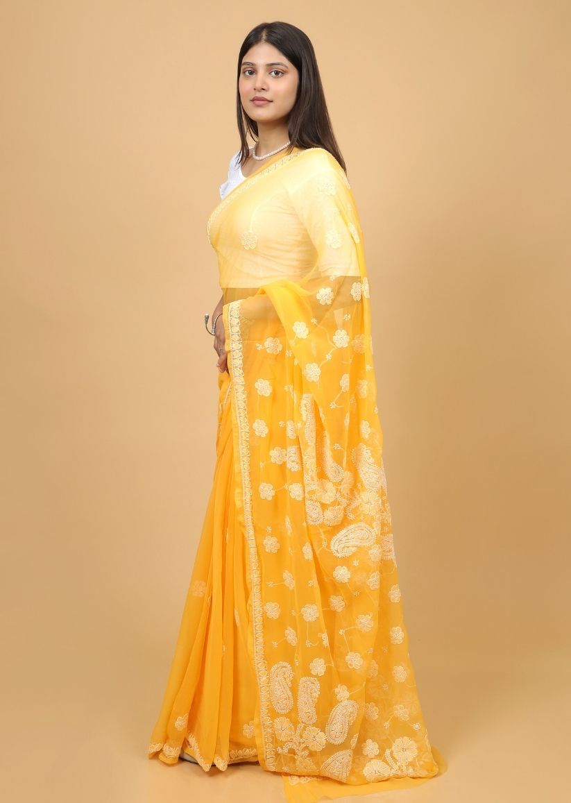 Firgun Amber Yellow Lucknowi Chikankari Georgette Saree