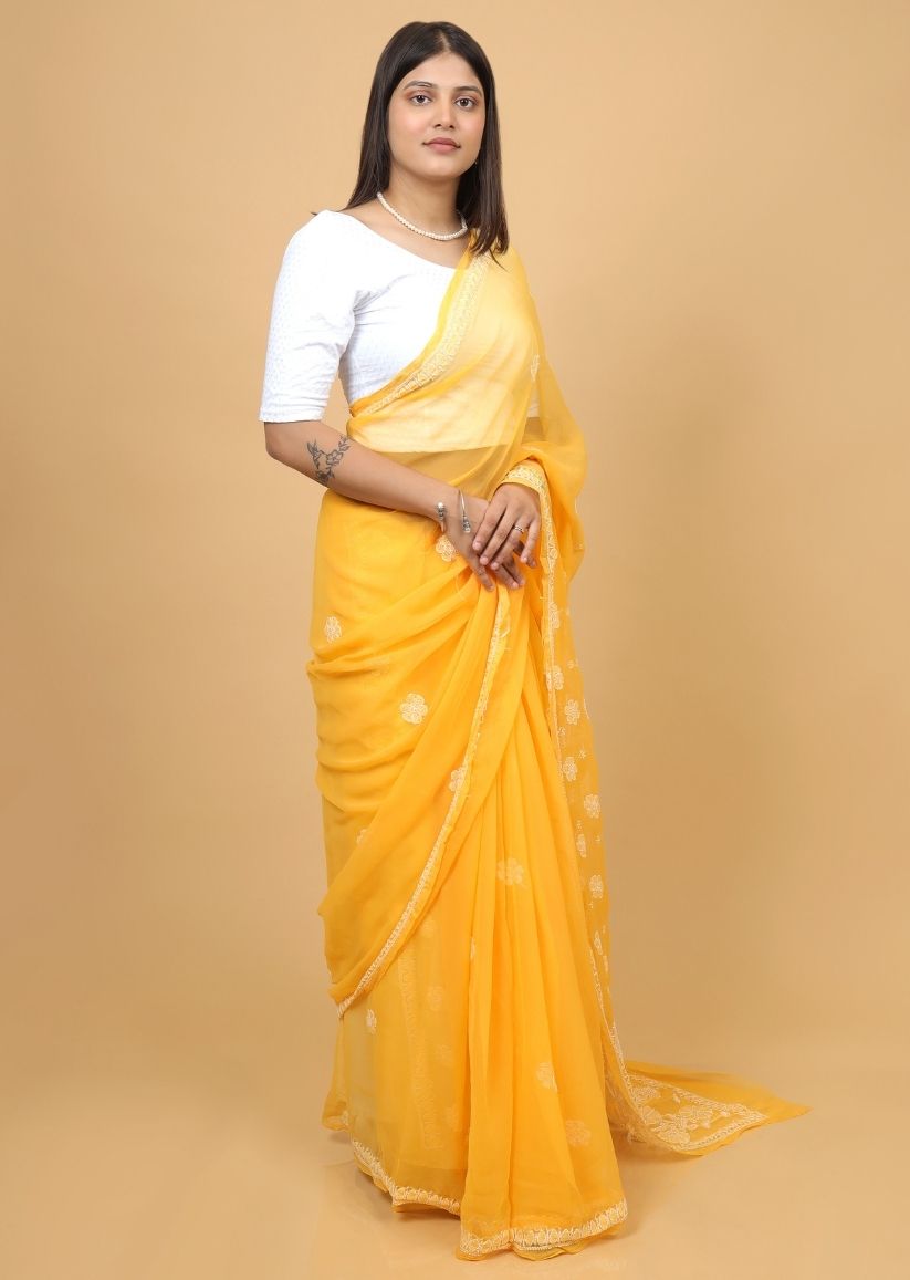 Firgun Amber Yellow Lucknowi Chikankari Georgette Saree