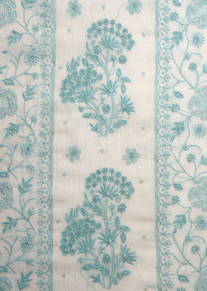 Firgun White & Turquoise Lucknowi Chikankari Mul Chanderi Unstitched Kurta & Dupatta Set