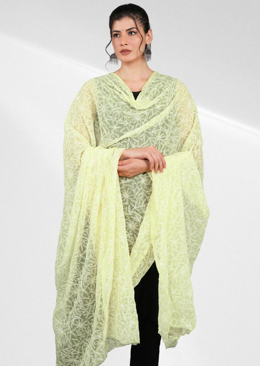 Firgun Lemon Yellow Tepchi Lucknowi Chikankari Georgette Dupatta