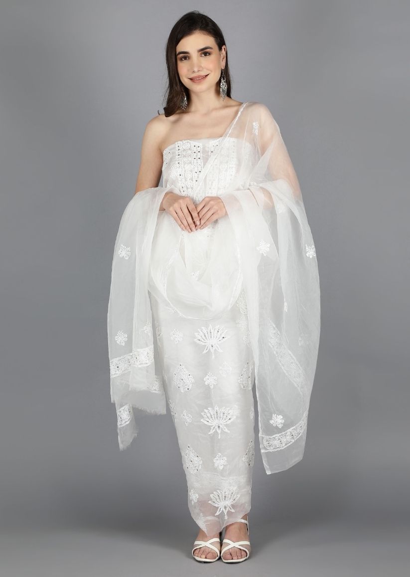 Firgun White Dyeable Lucknowi Chikankari Organza Unstitched Kurta & Dupatta Set