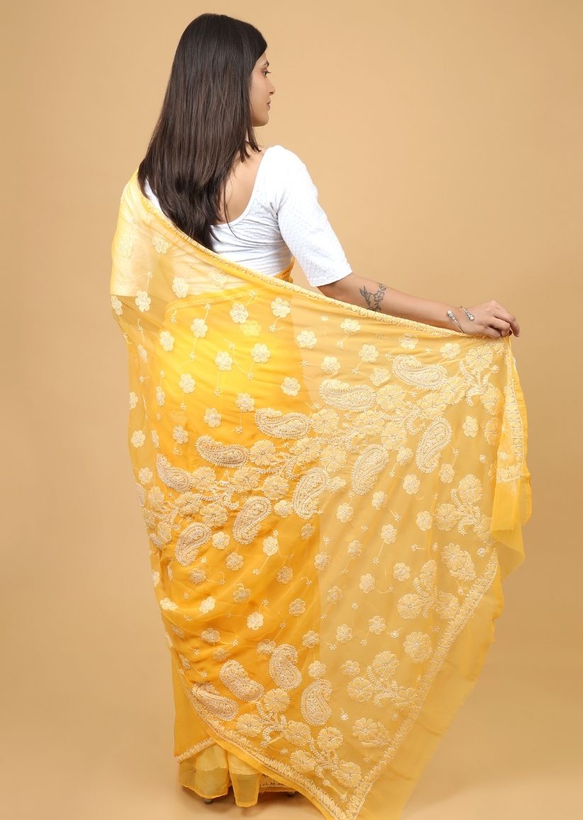 Firgun Amber Yellow Lucknowi Chikankari Georgette Saree