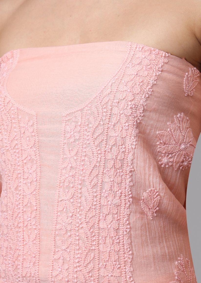 Firgun Peach Lucknowi Chikankari Mul Chanderi Unstitched Kurta & Dupatta Set